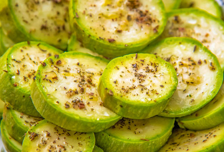 Sliced Zucchini Background. Chopped Squash Texture Top View and Flat Layの写真素材