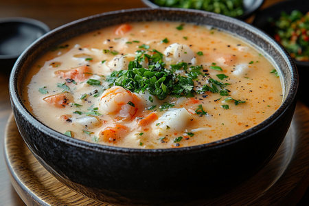 top view of prawn rice noodle soupの素材
