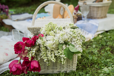 Picnic decorations, cannotier, flowers, fruits. Picnic at the park on the grass: tablecloth, basket, healthy food and accessories, top view.の写真素材