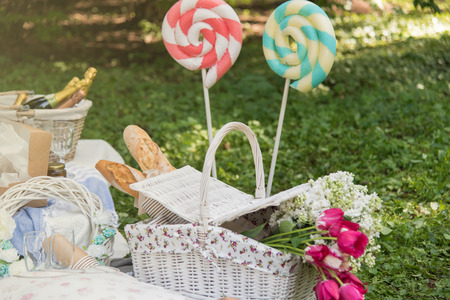 Picnic decorations, cannotier, flowers, fruits. Picnic at the park on the grass: tablecloth, basket, healthy food and accessories, top view, bread, baguette, alcohol, big lollipops. Happy mothers day.の写真素材
