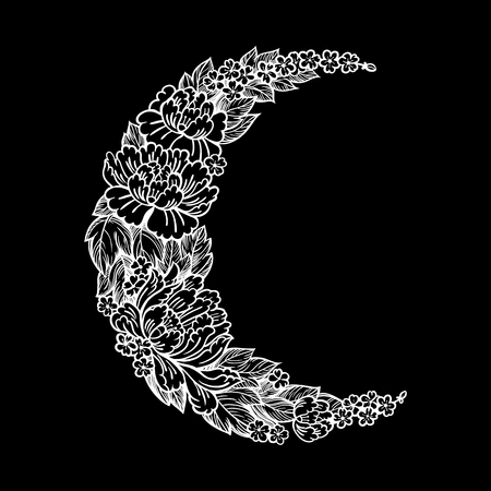 Beautiful romantic crescent moon with rose or peony flowers.のイラスト素材