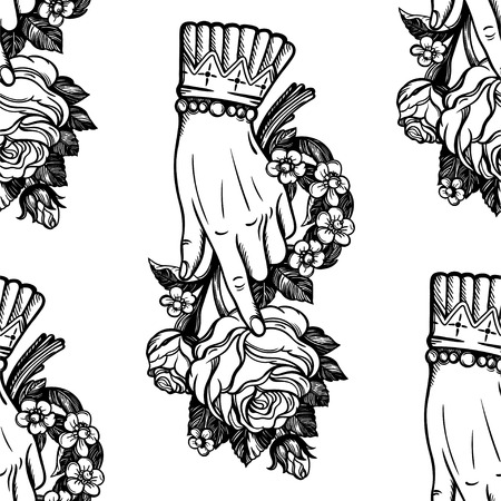 Vector seamless vintage hands with rose flower pattern. Spiritual medieval background.のイラスト素材