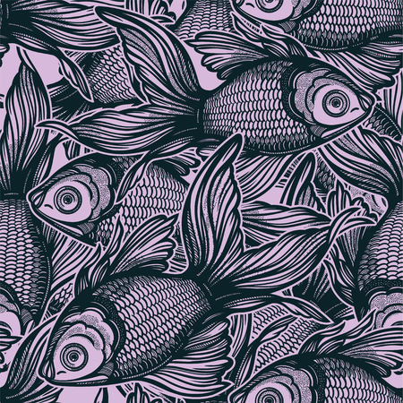 Linear seamless pattern with hand drawn decorative goldfish, design background. Aquarium tile for pet lovers, greeting cards, wallpapers, scrapbooking, print, gift wrap.のイラスト素材