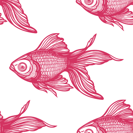 Linear seamless pattern with hand drawn decorative goldfish, design background. Aquarium tile for pet lovers, greeting cards, wallpapers, scrapbooking, print, gift wrap.のイラスト素材