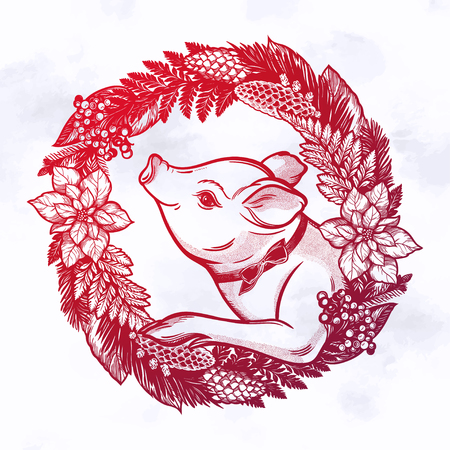 Feastive season artwork. Card with pig in new year wreath. Ornate Merry Christmas greetings. Lovely holiday element. Isolated vector illustration.のイラスト素材