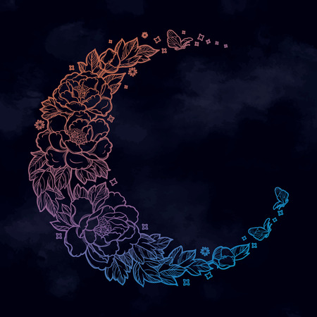 Beautiful romantic crescent moon with rose or peony flowers and leaves. Decorative boho elements. Tattoo design. Greeting cards, invitations. Isolated vector illustration.のイラスト素材
