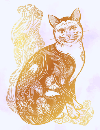 Happy Japanese folklore cat with traditional flower and fish tattoo. Inside ink art of fish (Koi carp). Symbol of harmony, luck. Vector illustration isolated. Spiritual art for tattoo, coloring bookのイラスト素材