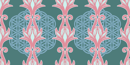 Beautiful bohemian arabesque seamless ornament. Baroque tattoo style pattern with floral elements. Vintage ornate vector wallpaper, decorative vector art.のイラスト素材