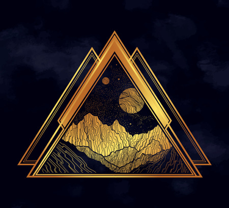 Night sky with mountains landscape in the shape of a triangle. Isolated vintage vector illustration. Invitation. Tattoo, travel, adventure, outdoors symbol.のイラスト素材
