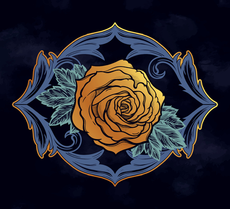 Floral highly detailed hand drawn rose flower and leaves. Vintage Victorian Motif, tattoo design element.Isolated vector illustration in line art style.のイラスト素材