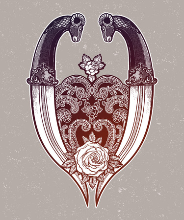Traditional tattoo flash rose with two knifes. Romantic flesh art festival poster.Vector illustration isolated. Tattoo design, music, occult symbol for your use.のイラスト素材
