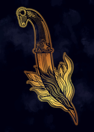 Traditional tattoo flash dagger on fire. Romantic flesh art festival poster.Vector illustration isolated. Tattoo design, music, occult symbol for your use.のイラスト素材