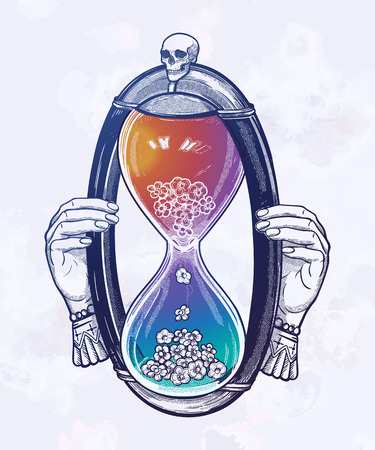 Decorative antique hourglass illustration with flowers and skull. Hand drawn tarot card. Sketch for dotwork tattoo, hipster t-shirt design, vintage style posters.のイラスト素材
