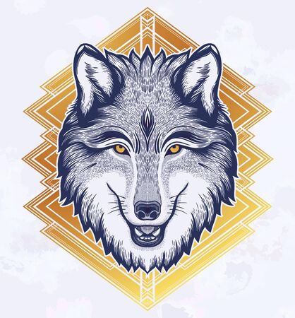 The head of a wolf. Dreamy magic art. Night, nature, wicca symbol. Isolated vector illustration. Great outdoors, tattoo design.のイラスト素材