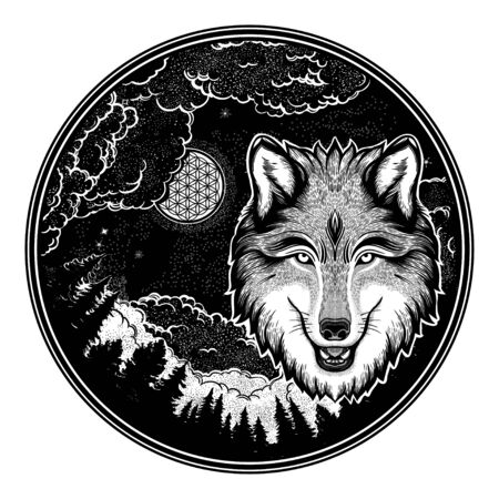 Portrait of a wolf on a background of mountain landscape.Dreamy magic art. Night, nature, wicca symbol. Isolated vector illustration. Great outdoors, tattoo and t-shirt design.のイラスト素材