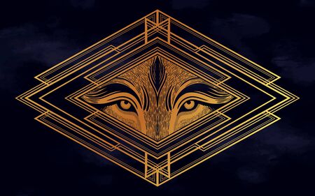 Wolf eyes in geometric setting.Dreamy magic art. Night, nature, wicca symbol. Isolated vector...
