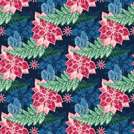 Coniferous branches and poinsettia flowers with snowflakes. Perfect for Christmas decoration , gift wrapping and textile projects. Seamless vector pattern background.のイラスト素材