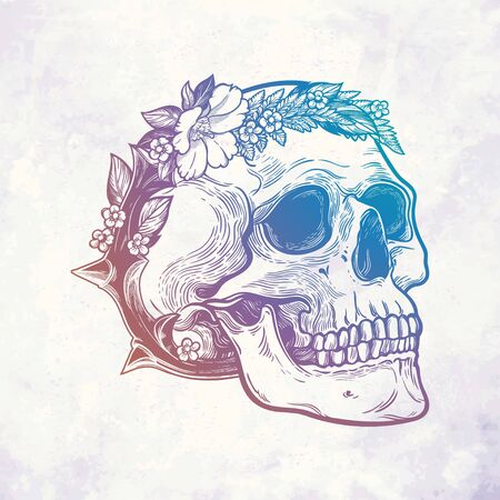Romantic skull with wreath of flowers and thorns.のイラスト素材