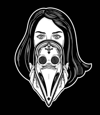 Beautiful woman holding a plague doctor mask -medieval gothic tattoo style.Symbol of unity, solidarity and support in a health crisis. Isolated vector illustration.のイラスト素材