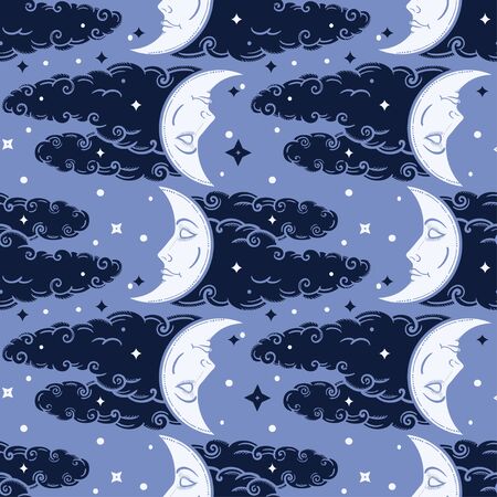 Crescent moon on a cloudy sky ornament. Ethnic decorative seamless pattern. Vintage vector wallpaper, decorative vector art.のイラスト素材