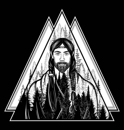 Forester on the background of the trees in the geometric frame.のイラスト素材