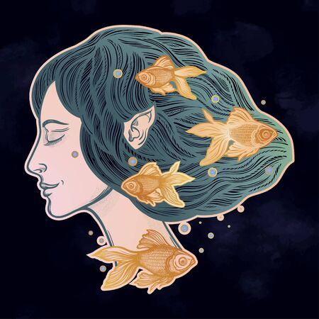 Portret of young fairy with gold fishes. Magic river nymph, mysterious character from mermaid tales. Isolated vector illustration.のイラスト素材