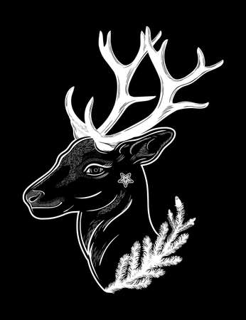 Deer head silhouette with coniferous branch. Dreamy magic art. Night, nature, wicca symbol. Isolated vector illustration. Great outdoors, tattoo design.のイラスト素材