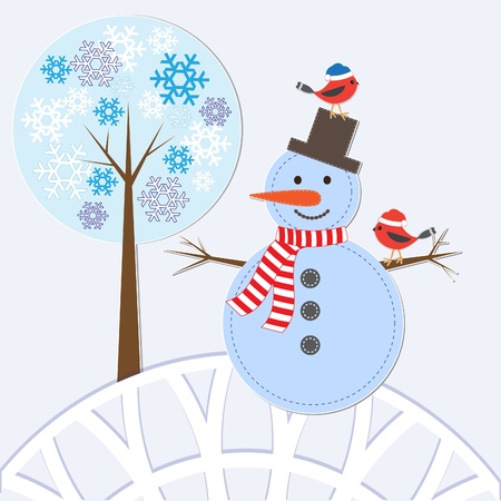 Christmas card with snowman and birds. vector illustrationのイラスト素材