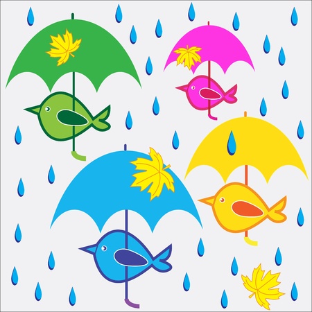 Colored birds under umbrellas. Vector illustration.のイラスト素材