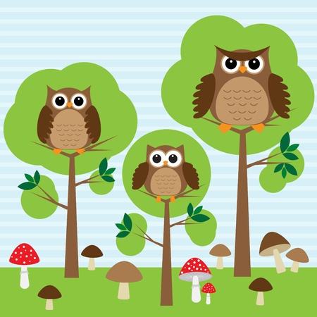 Cute family of owls in forestのイラスト素材
