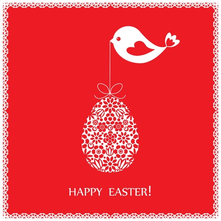 Red greeting card with bird for Easterのイラスト素材