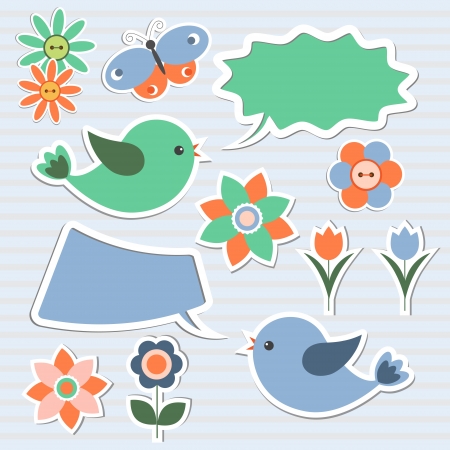 Bubbles speech, birds,flowers,butterfly.Vector set of design elementsのイラスト素材