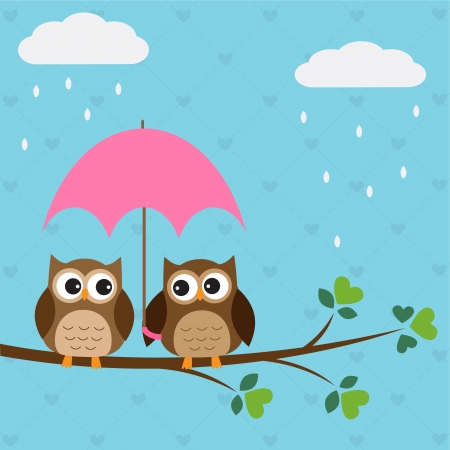 Owls couple under umbrella.のイラスト素材