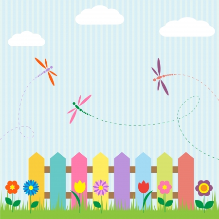Colorful fence with flowers and dragonfliesのイラスト素材