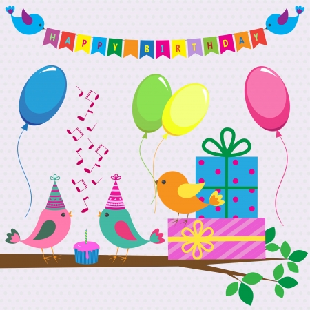 birthday card with cute birdsのイラスト素材