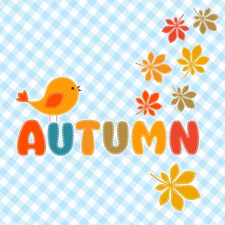 Autumn lettering with cute bird and leavesのイラスト素材