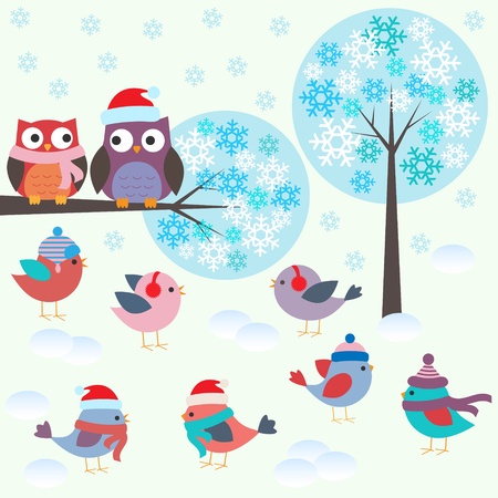  Birds and owls in winter forest .Vector set のイラスト素材