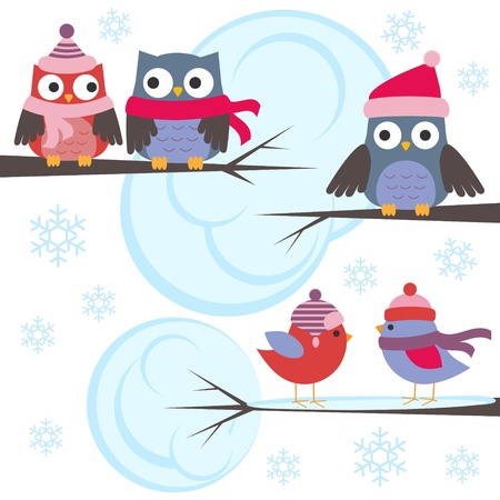 Owls and birds in winter forest. Vector set のイラスト素材
