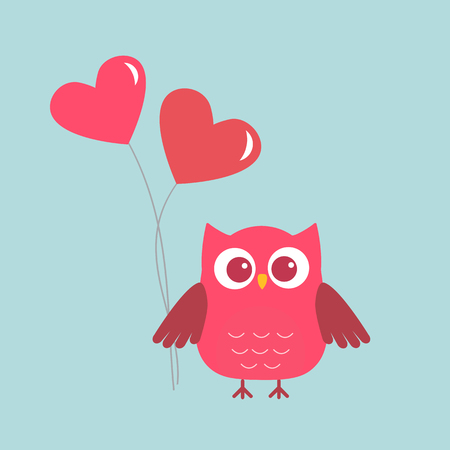 Cute owl with pink Hearts-ballons. Card for Valentine day. Vector illustrationのイラスト素材