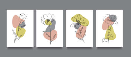 Flower line art, minimal flat style cards set. One line drawing, minimal shapes, doodles. Vector template designのイラスト素材