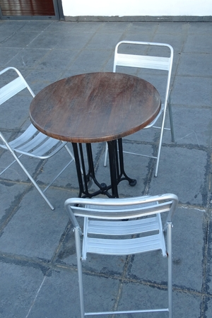 Two chairs and wood table in detail outdoorsの写真素材