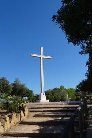 big white catholic cross in the natureの写真素材