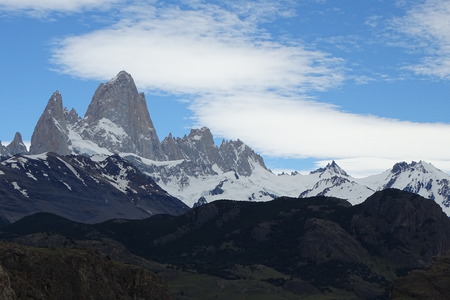 Fitz Roy snowed mountain view from Chalten, Patagonia, Argentinaの写真素材