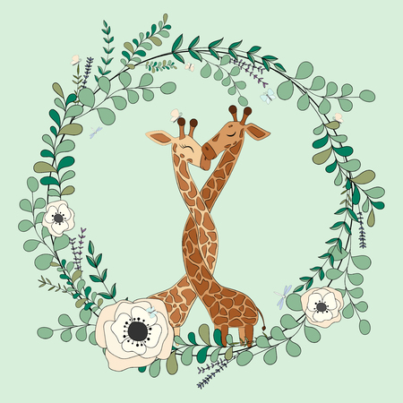 Vector eucalyptus and flower wreath.Greeting card. Hand drawn vector illustration with cute giraffe in flowersのイラスト素材