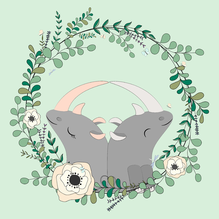 Vector eucalyptus and flower wreath.Greeting card. Hand drawn vector illustration with cute rhinoceros in flowersのイラスト素材