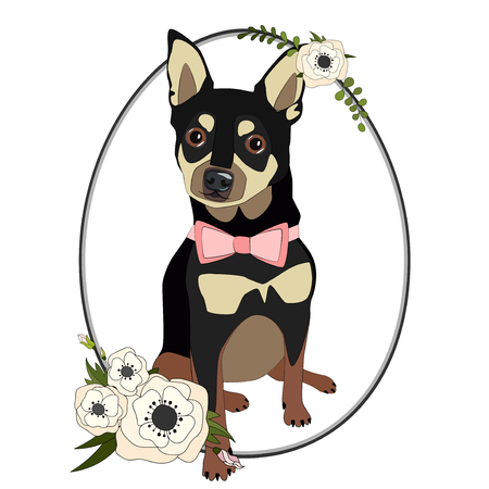 Dog in a flower frame. Geometric print frame. Spring and summer background. Hand drawn vector illustrationのイラスト素材