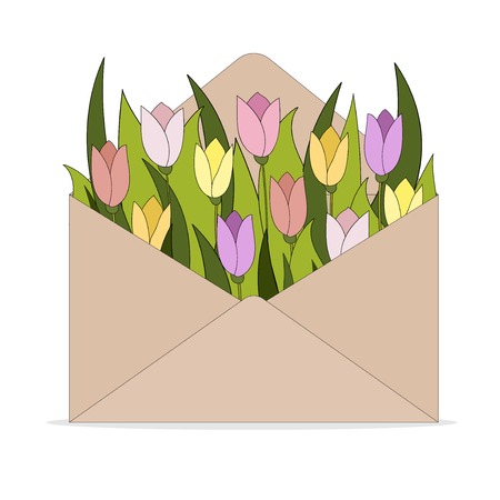 Colored kraft envelope with tulip flowers.Spring greeting card.Spring background. Hand drawn vector illustrationのイラスト素材