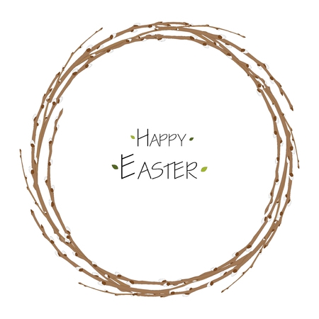 Colorful Happy Easter greeting card with willow wreath, and text. Easter background. Hand drawn vector illustrationのイラスト素材