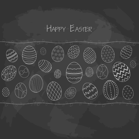 Easter greeting card with Easter eggs. Vector background.Hand drawn black on chalkboard.のイラスト素材