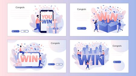 WIN text. You Win Concept. Congrats winner. Screen template for mobile smart phone, landing page, template, ui, web, mobile app, poster, banner, flyer. Modern flat cartoon style. Vector illustrationのイラスト素材